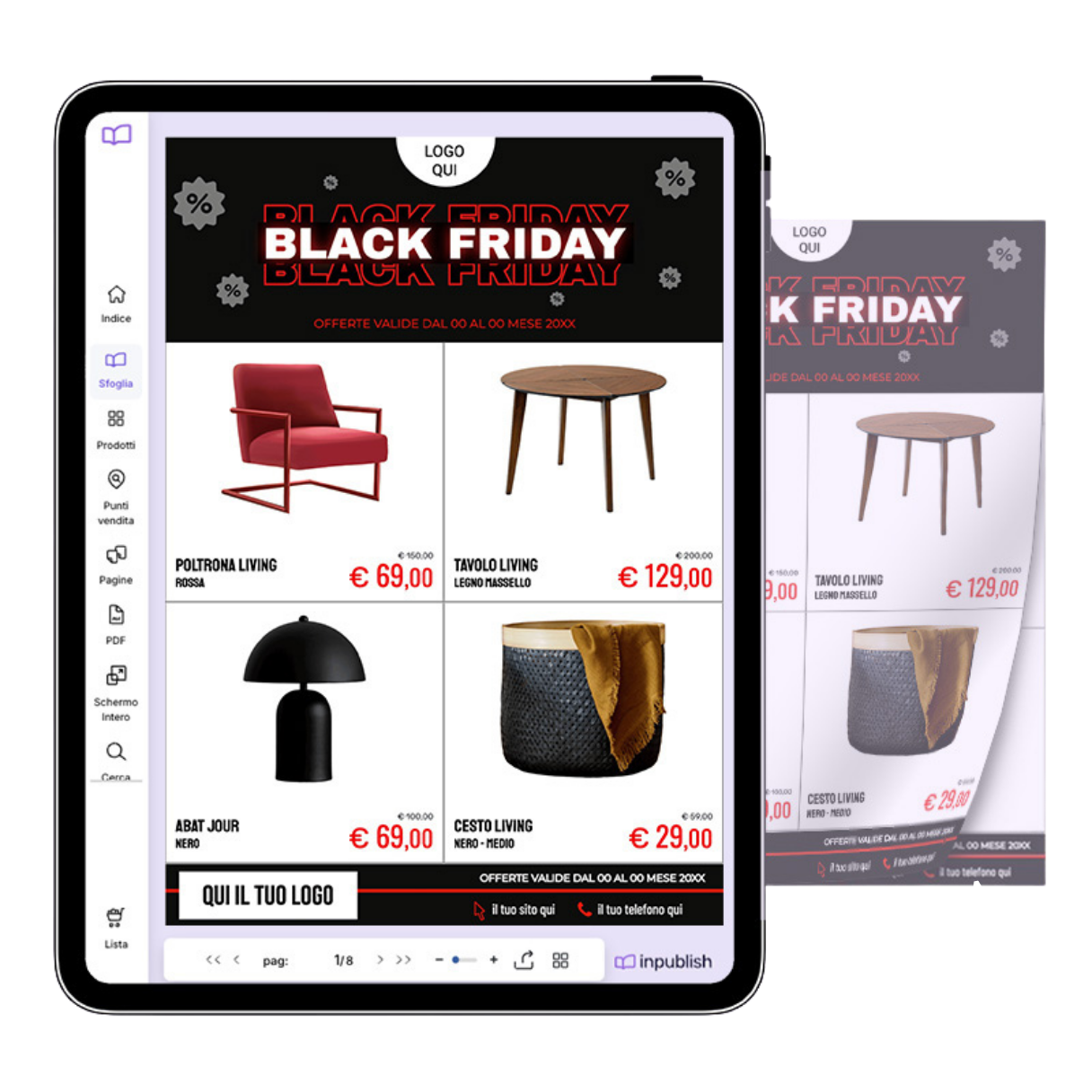 Catalogo digitale interattivo su tablet con prodotti e menu laterale Inpublish