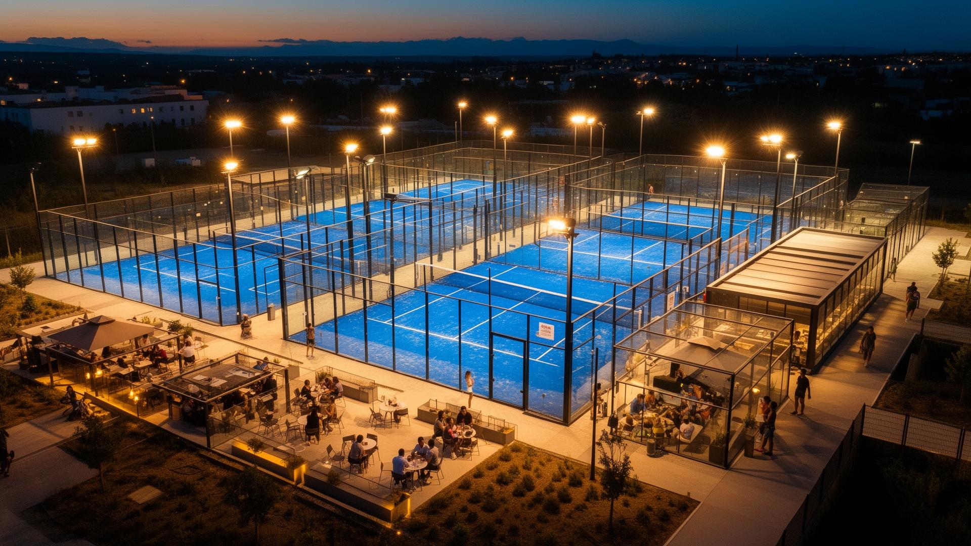 Vista aerea di un circolo padel al tramonto
